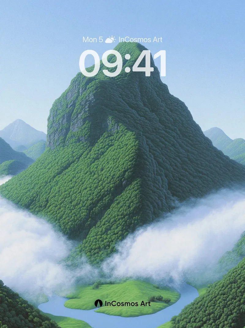 Serene Peak Wallpaper with Floating Clouds