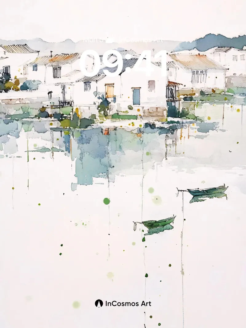 Serene Watercolor Village Wallpaper with Floating Boats