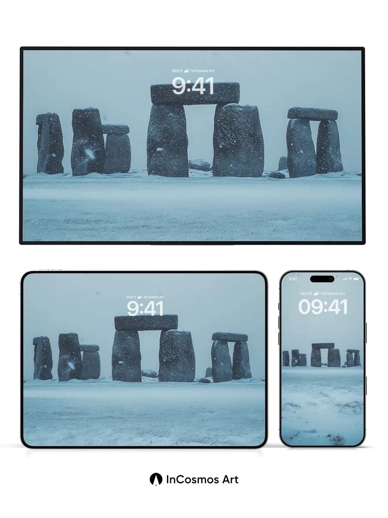 Frostbound Stonehenge Wallpaper with Snowfall Silence