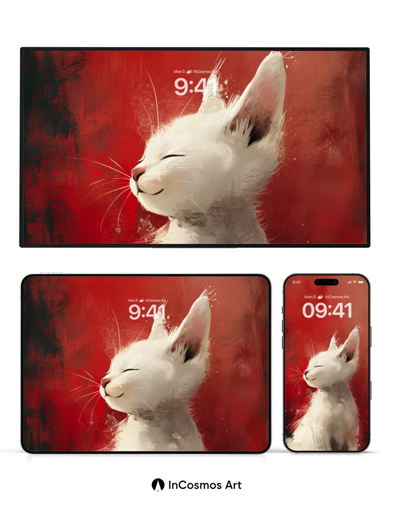 Serene White Kitten Wallpaper with Crimson Hush