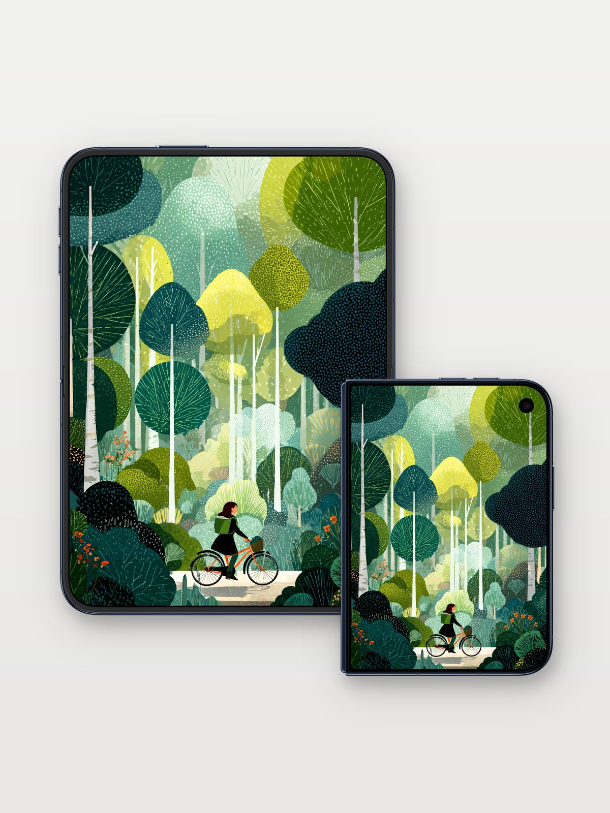 Whispering Canopy Wallpaper with Forest Path on iPhone Duo, open and closed