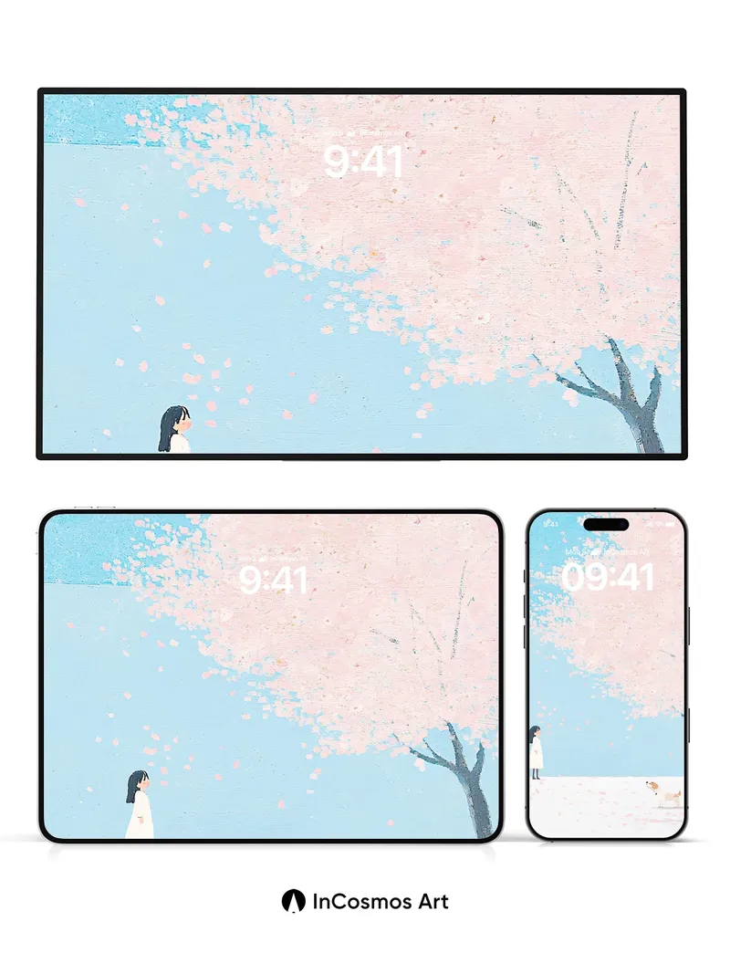 Serene Cherry Bloom Wallpaper with Gentle Canine Companion