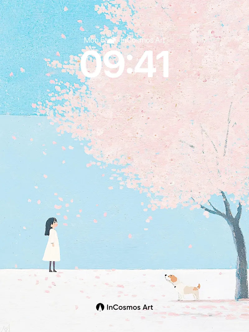 Serene Cherry Bloom Wallpaper with Gentle Canine Companion