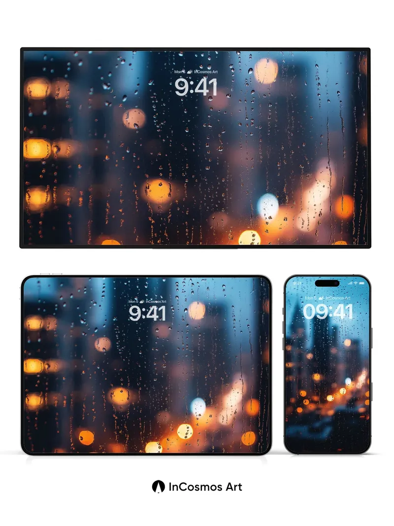 Rain-Soaked Cityscape Wallpaper with Blurred Lights