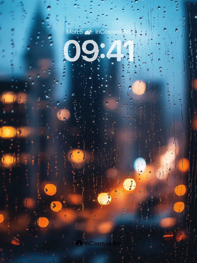 Rain-Soaked Cityscape Wallpaper with Blurred Lights