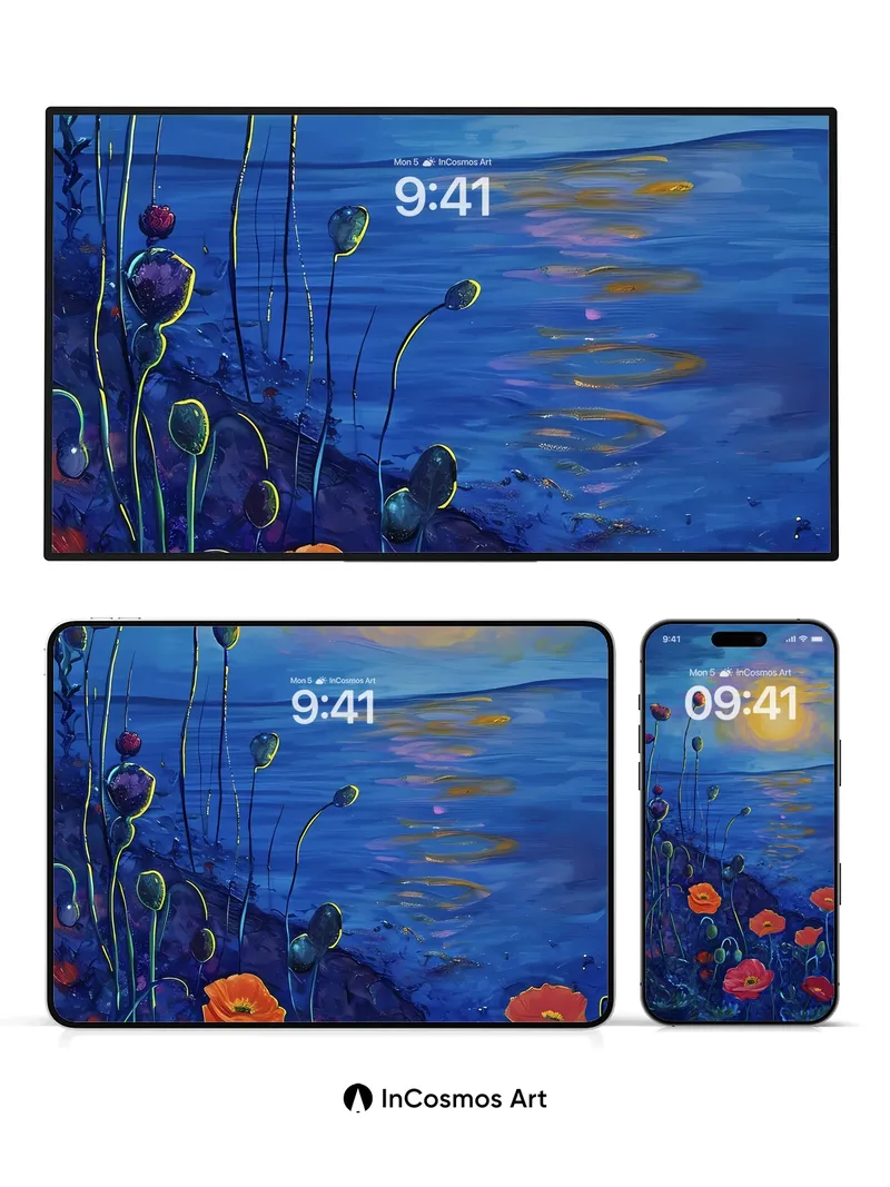 Luminous Poppy Field Wallpaper with Moonlit Water