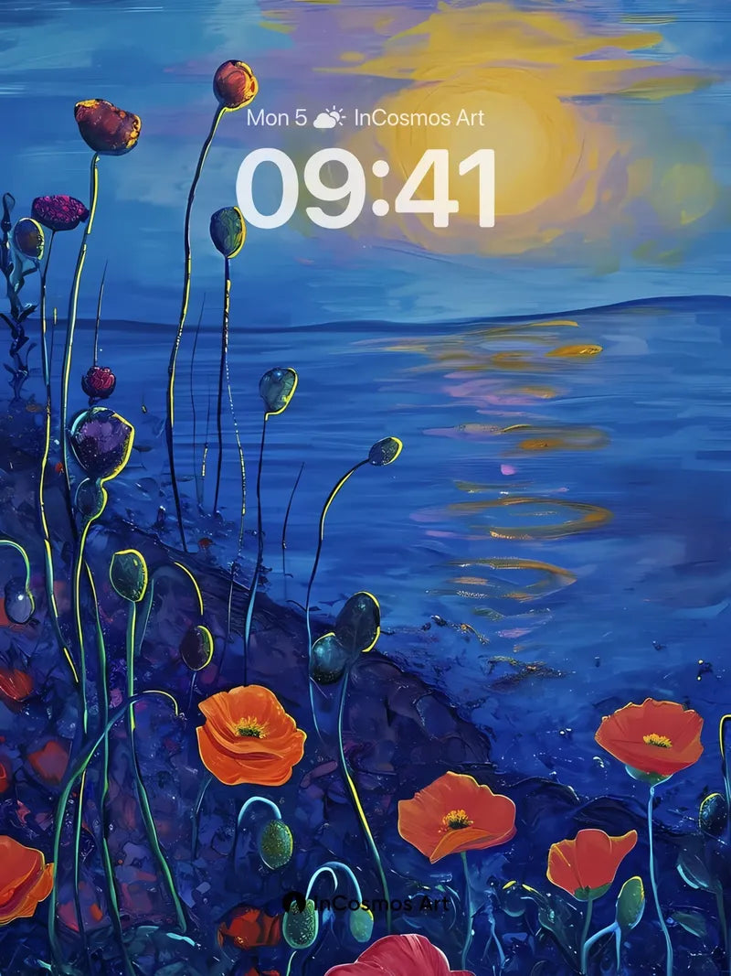Luminous Poppy Field Wallpaper with Moonlit Water