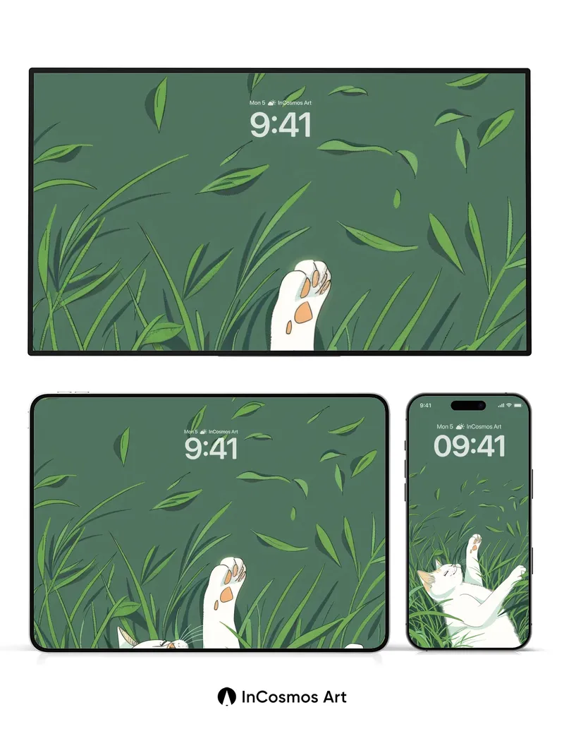 Serenity in Grass Wallpaper with Floating Leaves