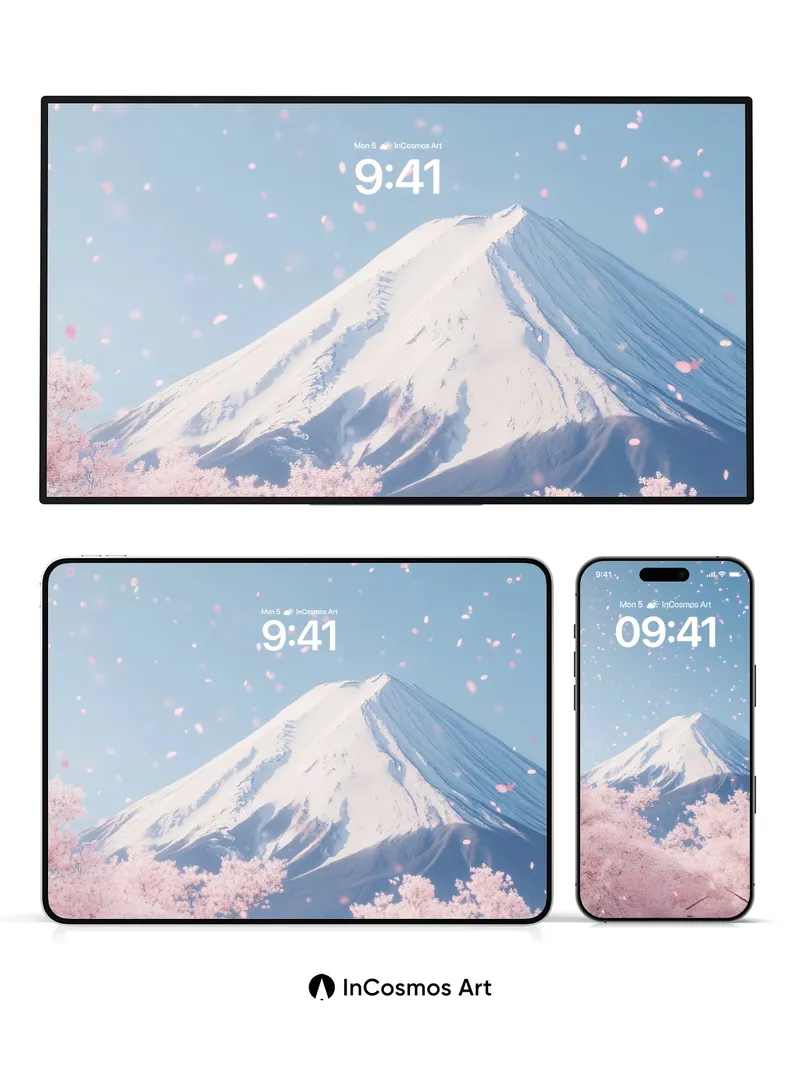 Serenity Snowcap Wallpaper with Cherry Petal Drift