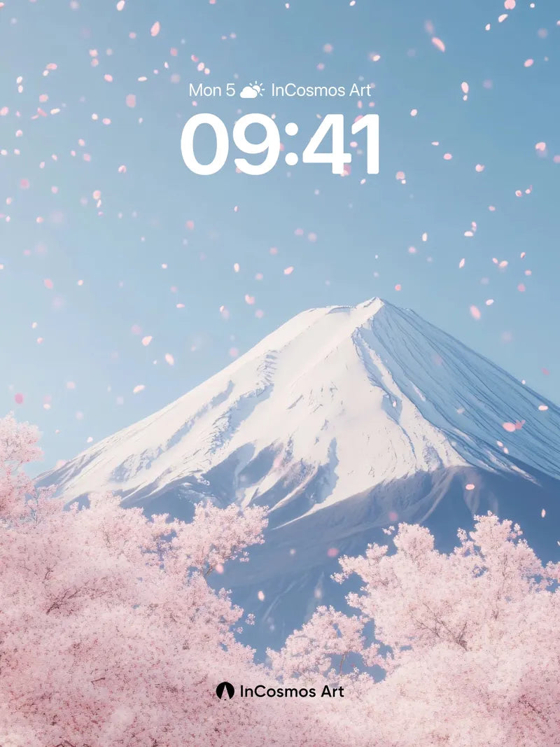 Serenity Snowcap Wallpaper with Cherry Petal Drift wallpaper for iPhone, iPad & Mac