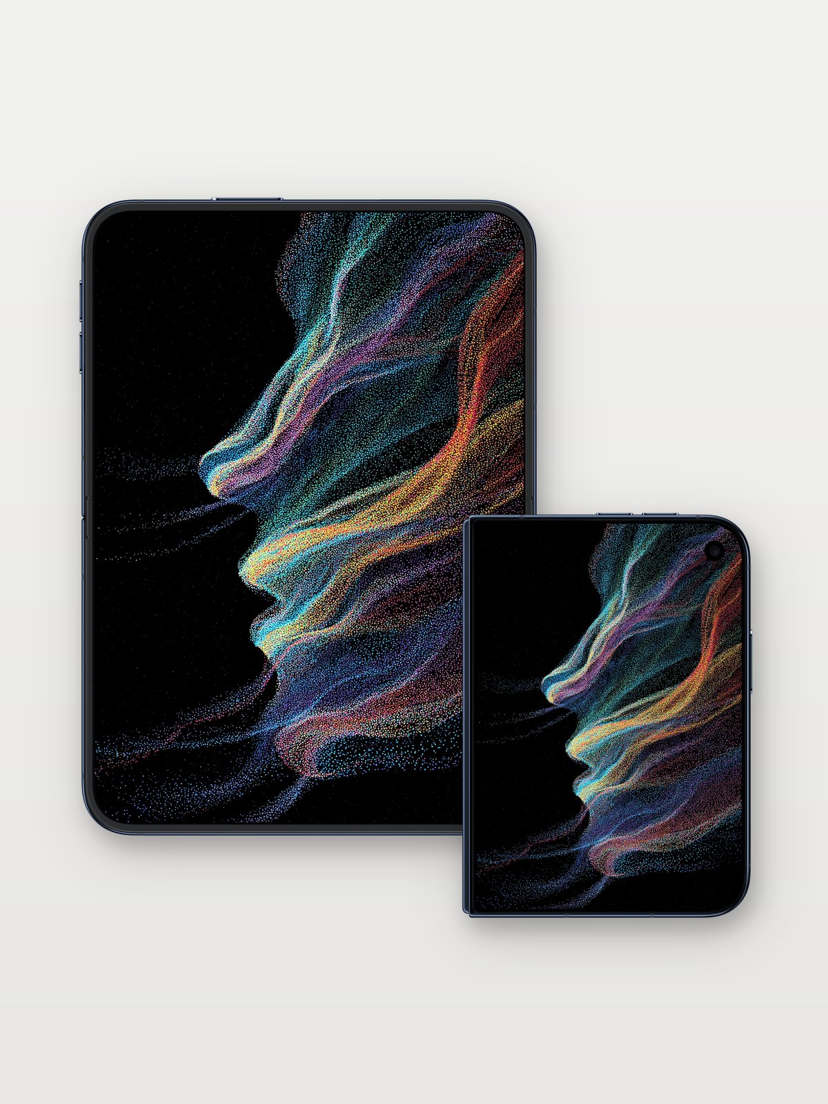 Luminous Veil Wallpaper with Cosmic Dust on iPhone Duo, open and closed