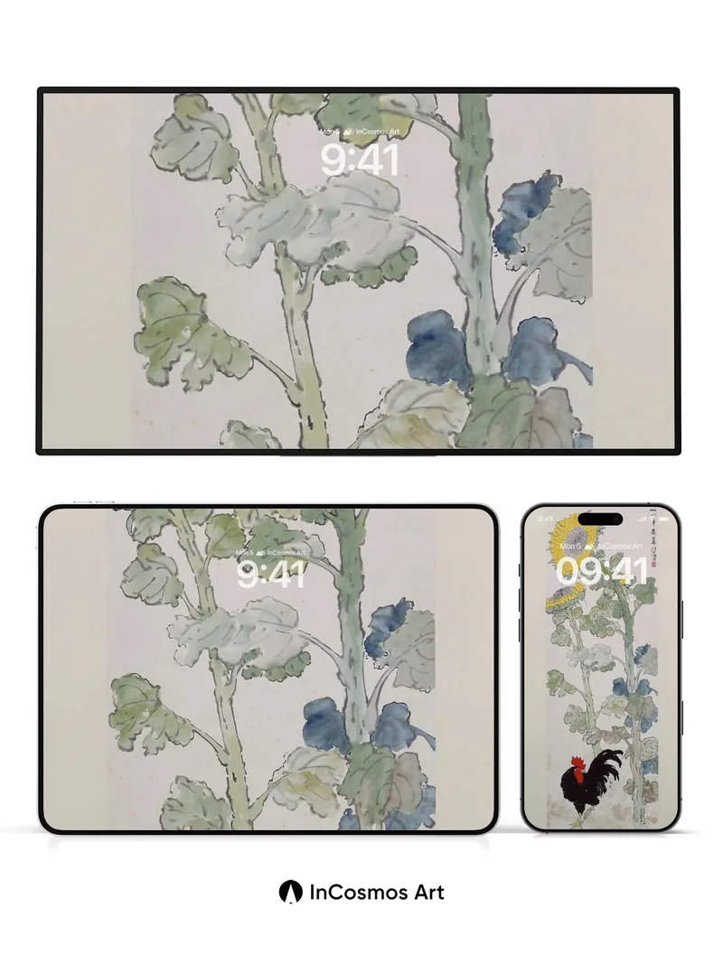 Sunlit Rooster Wallpaper with Ink-Brush Grace