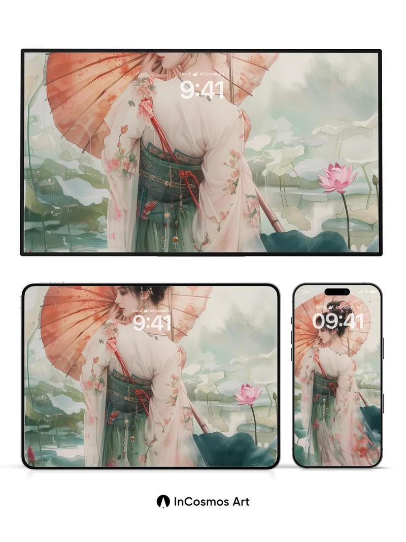 Serene Lotus Wallpaper with Floating Umbrella