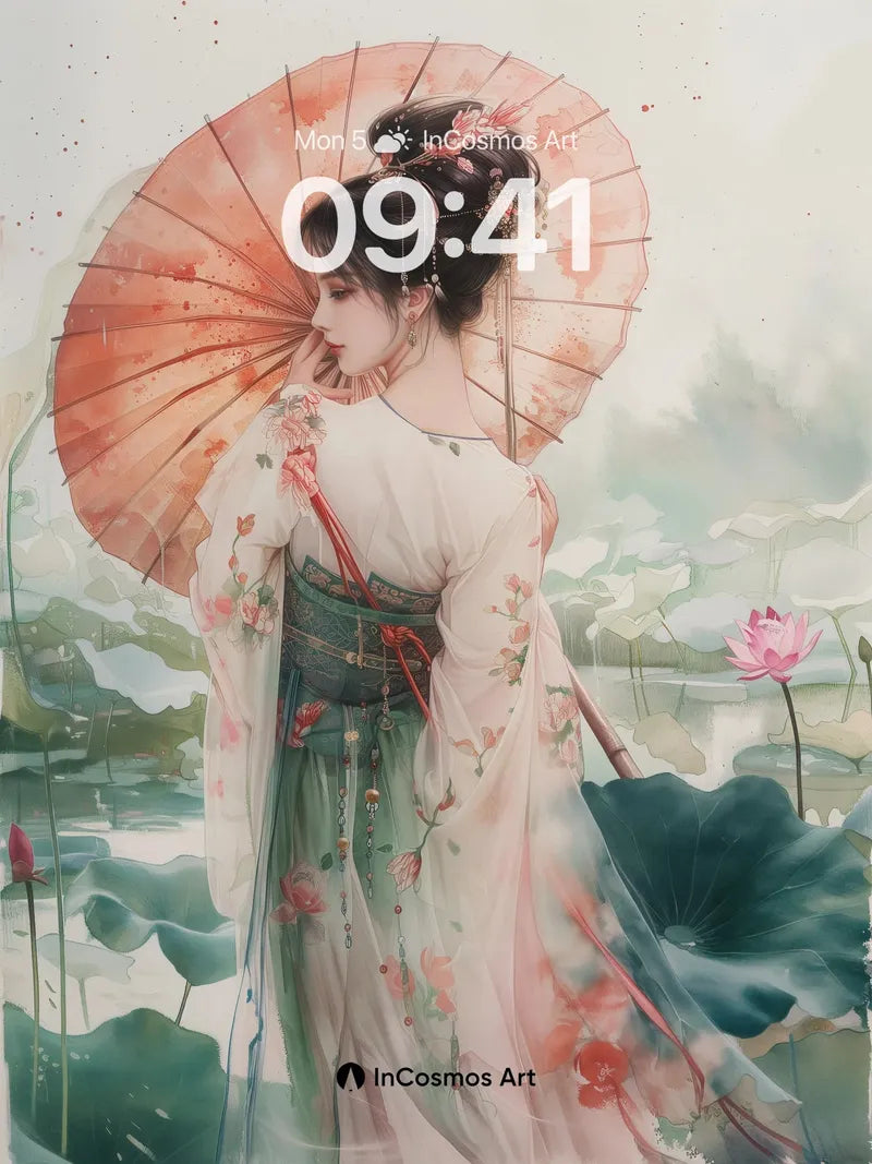 Serene Lotus Wallpaper with Floating Umbrella