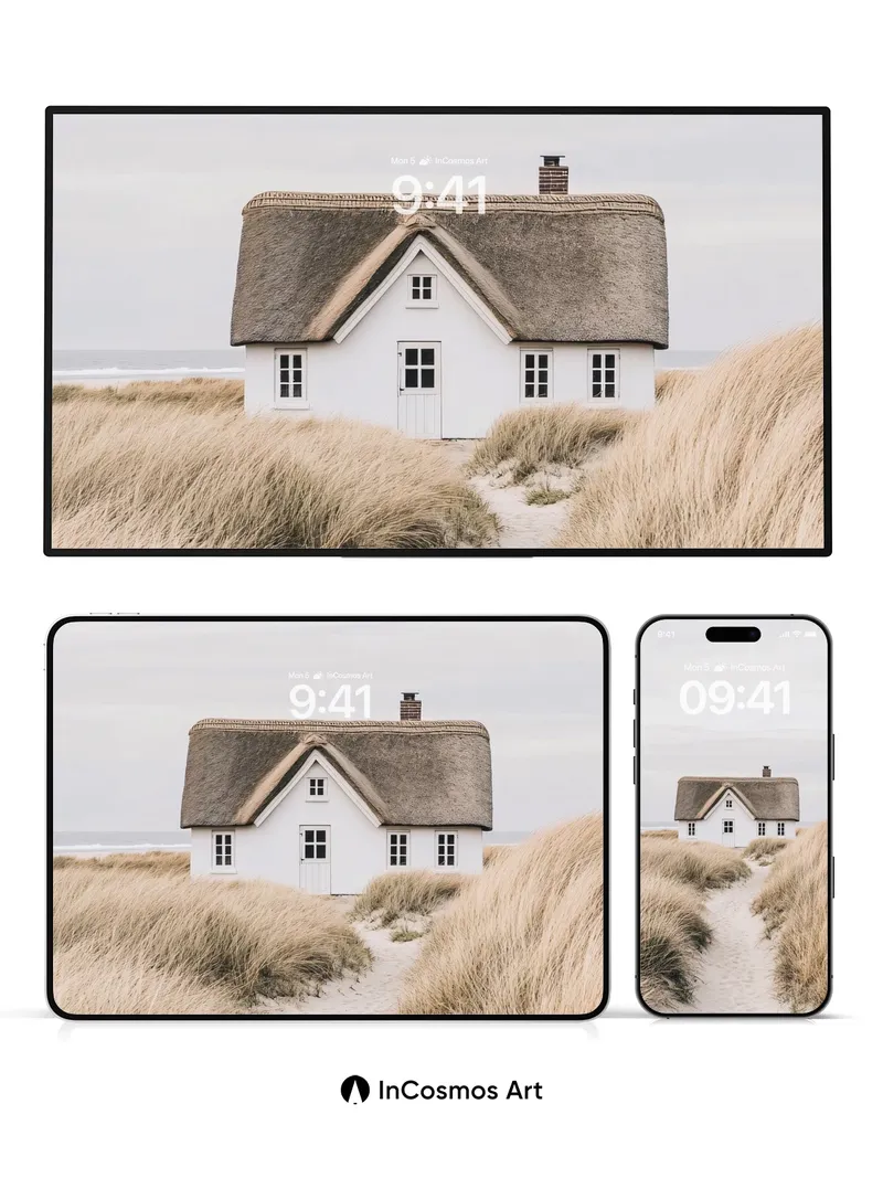 Serenity Thatched Cottage Wallpaper with Dune Path