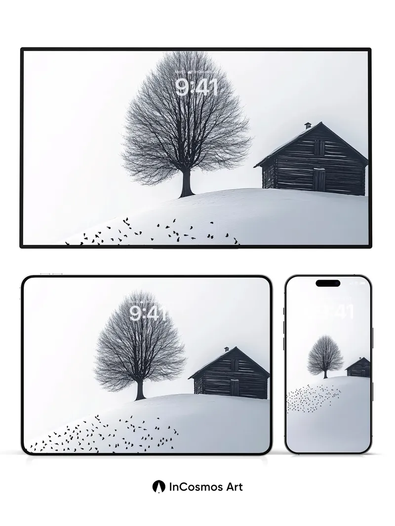 Silent Snowfall Wallpaper with Flock of Birds