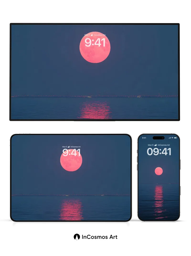 Crimson Moonlight Wallpaper with Ocean Reflection