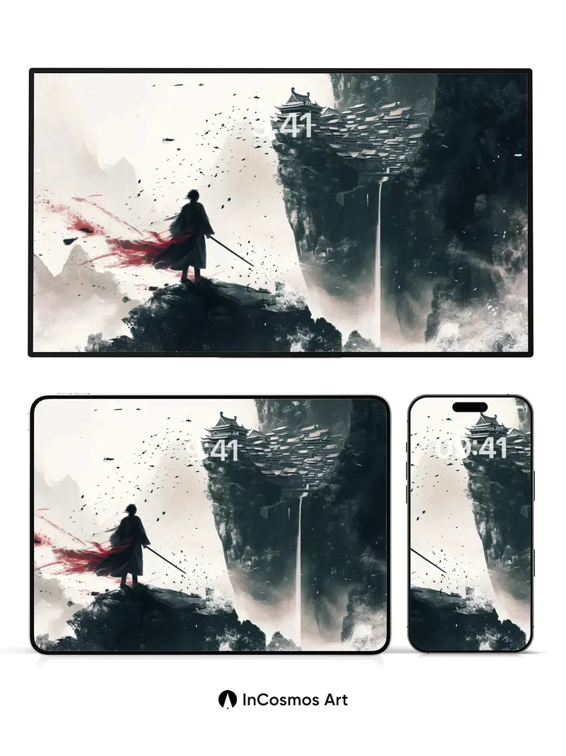 Blood-veiled Cliff Wallpaper with Floating Temple