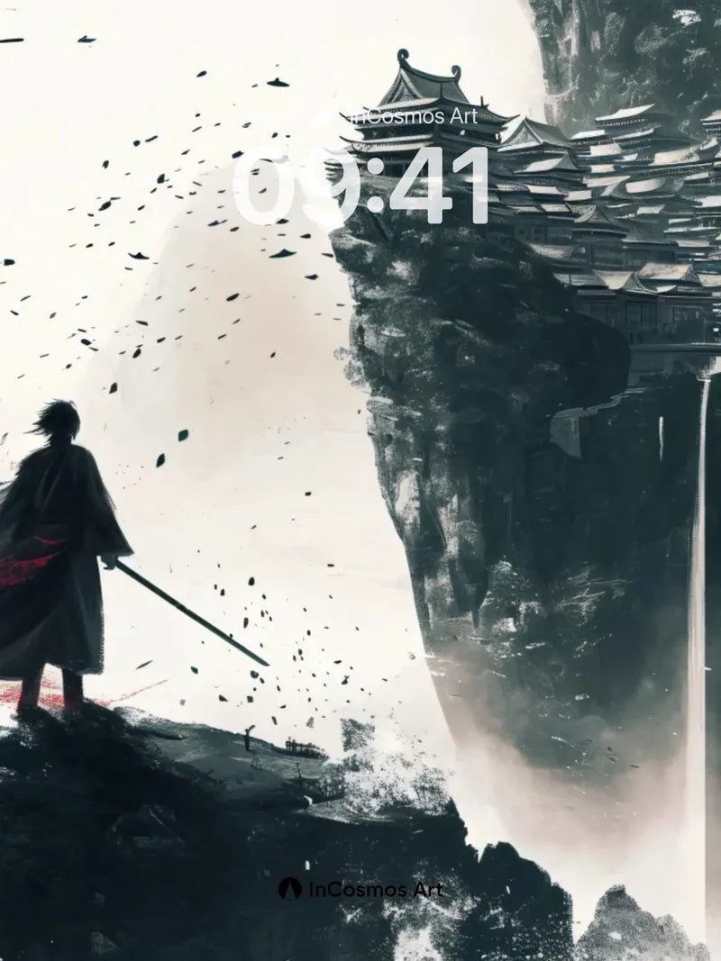 Blood-veiled Cliff Wallpaper with Floating Temple