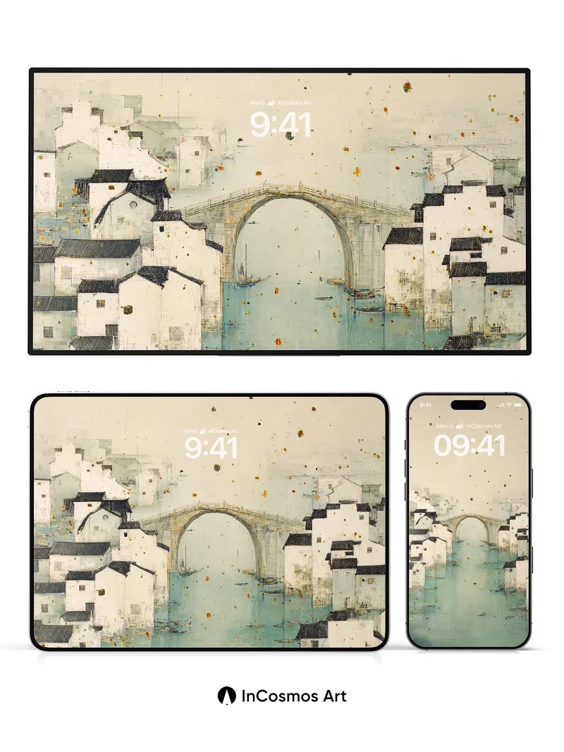 Serene Canal Reflections Wallpaper in Misty Hues