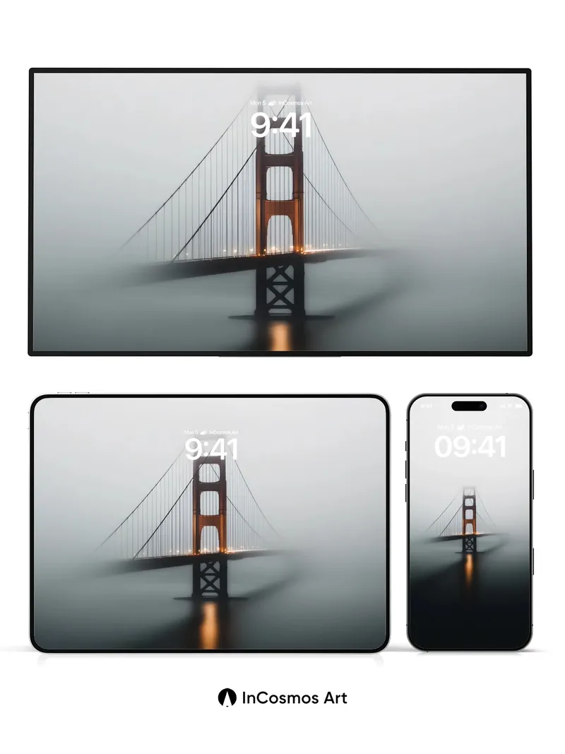 Fogbound Bridge Wallpaper with Golden Reflection