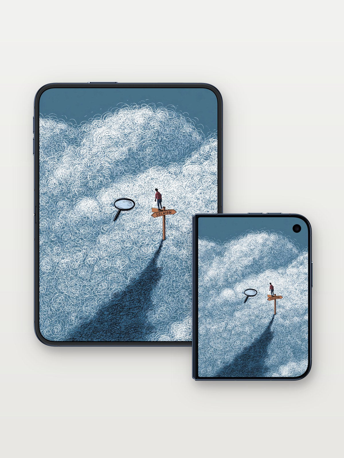 Surreal Search Wallpaper with Floating Signposts on iPhone Duo, open and closed