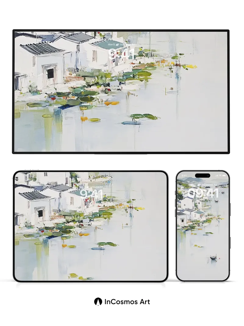 Serenity Waterscape Wallpaper with Floating Light