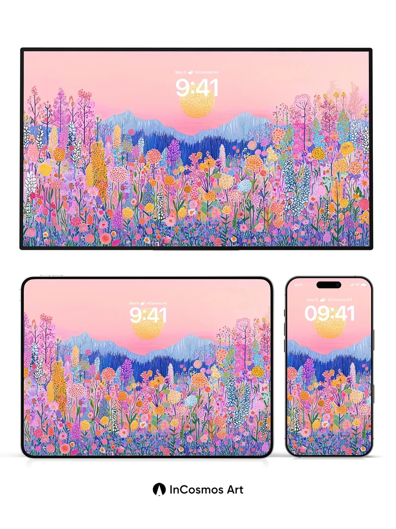 Luminous Meadow Wallpaper with Sunset Hues