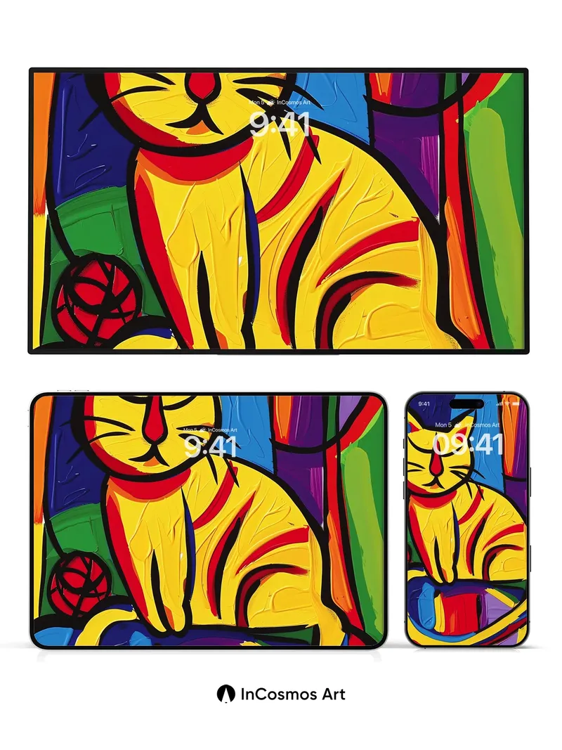 Cubist Cat Wallpaper with Vibrant Stripes