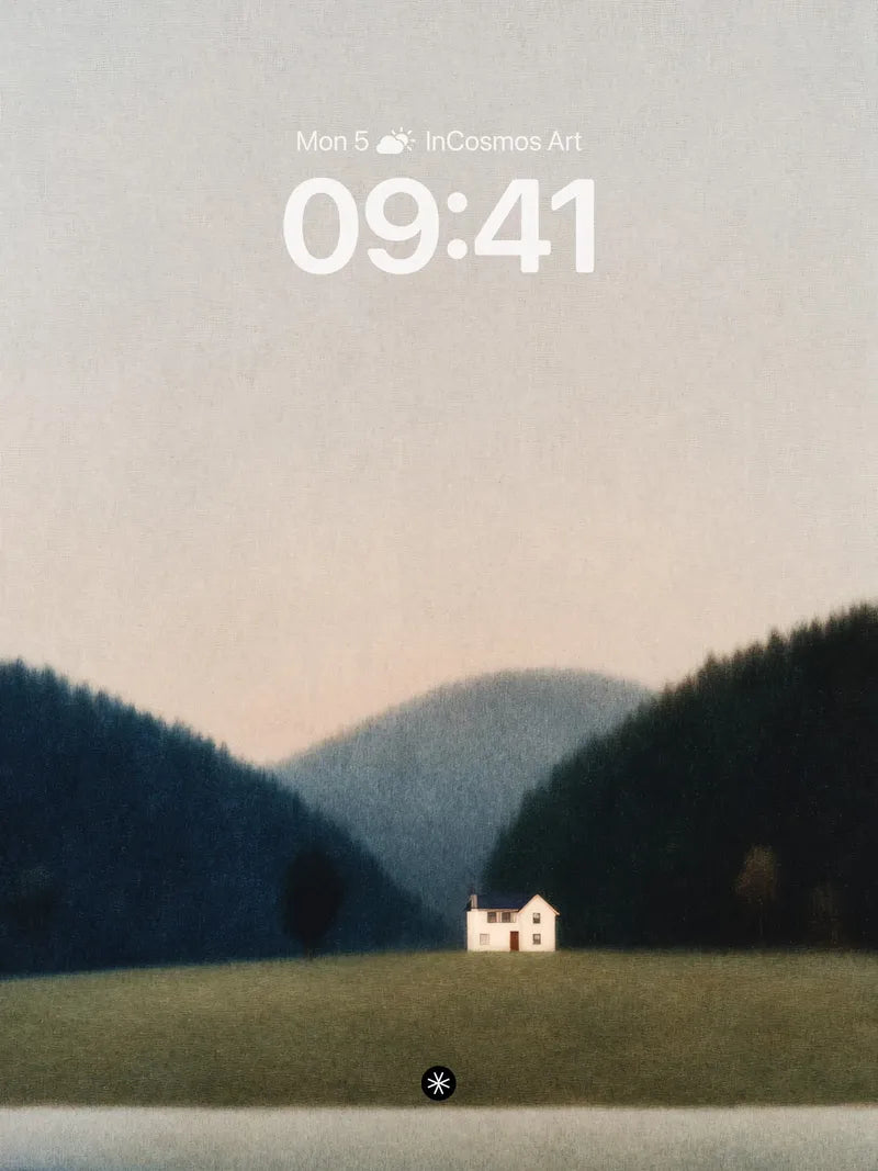 Serene Meadow Cottage Wallpaper in Hushed Twilight wallpaper for iPhone, iPad & Mac