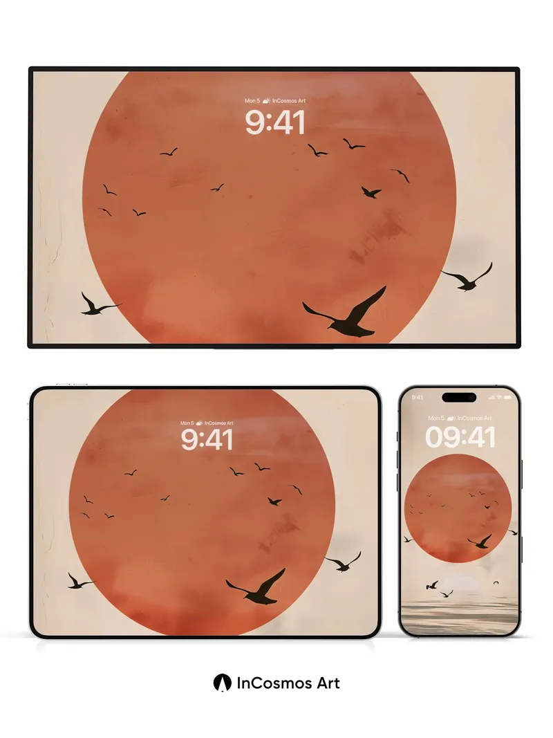 Serene Sunset Wallpaper with Silhouetted Flight