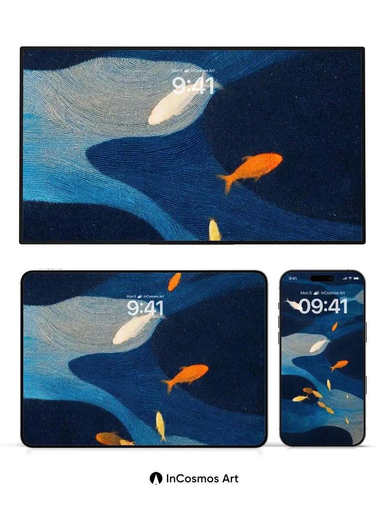 Whispering Currents Wallpaper with Floating Goldfish