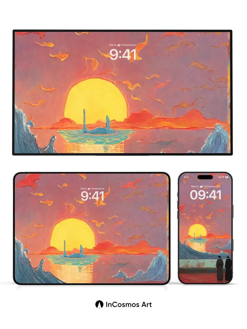 Crimson Horizon Wallpaper with Floating Flames