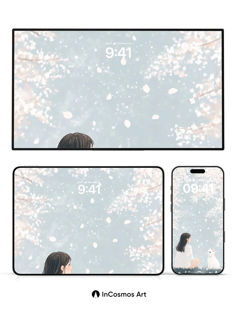 Serenity Bloom Wallpaper with Cherry Petal Drift