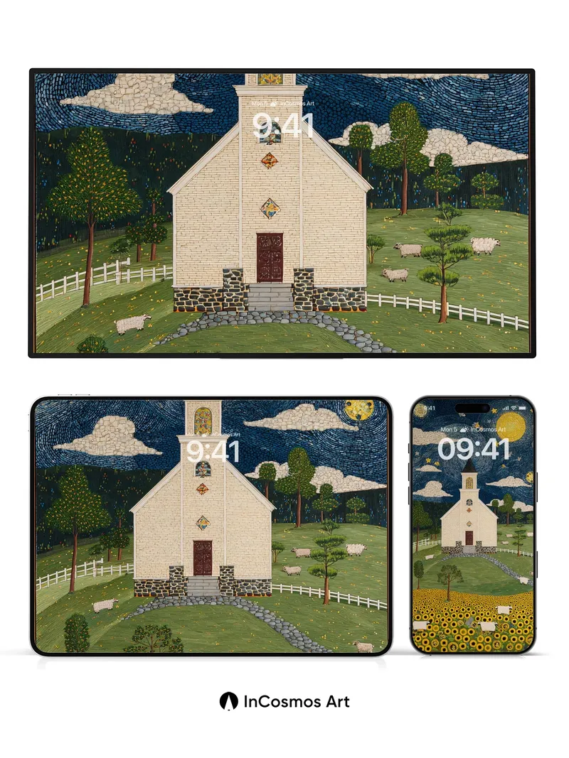 Starry Night Chapel Wallpaper with Sunflower Fields