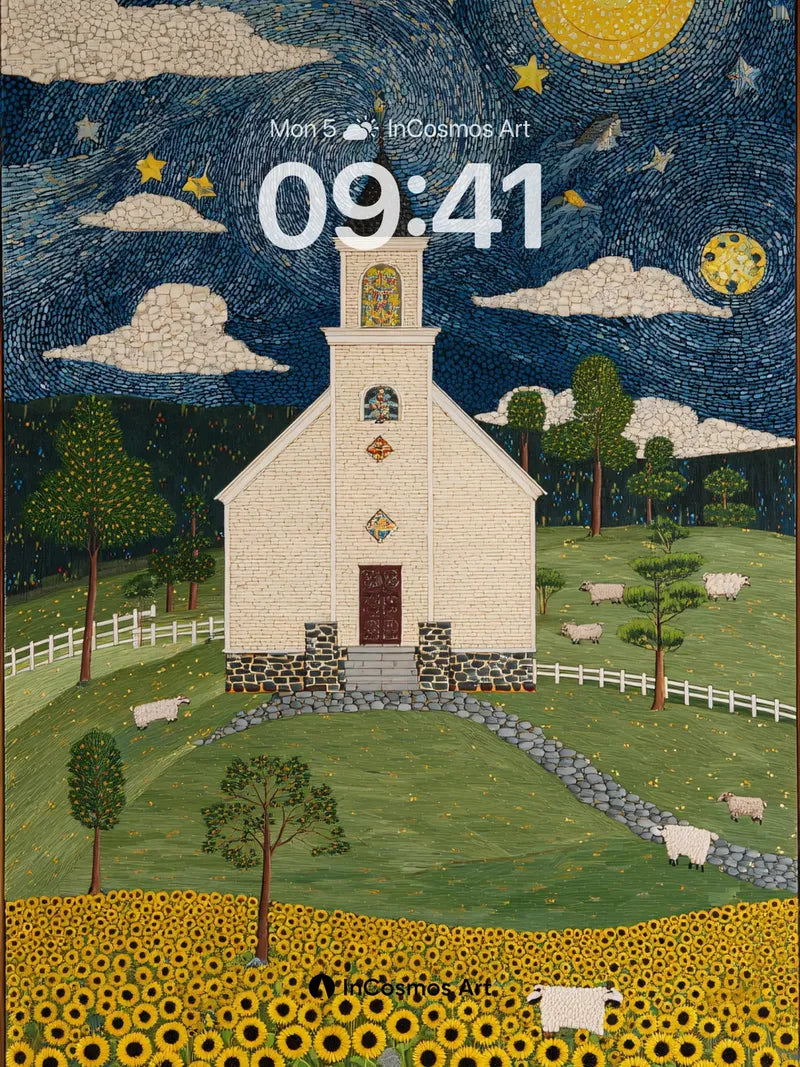 Starry Night Chapel Wallpaper with Sunflower Fields wallpaper for iPhone, iPad & Mac