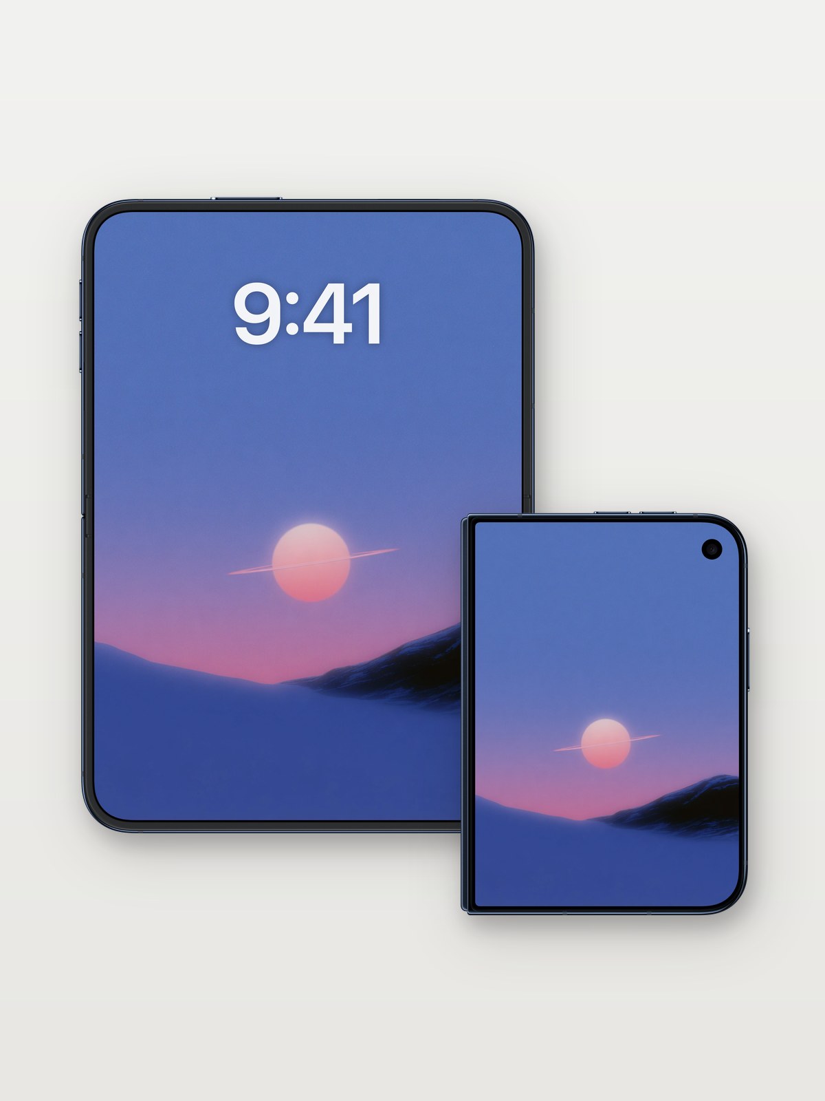 Ethereal Sunset Horizon Wallpaper on iPhone Duo, open and closed