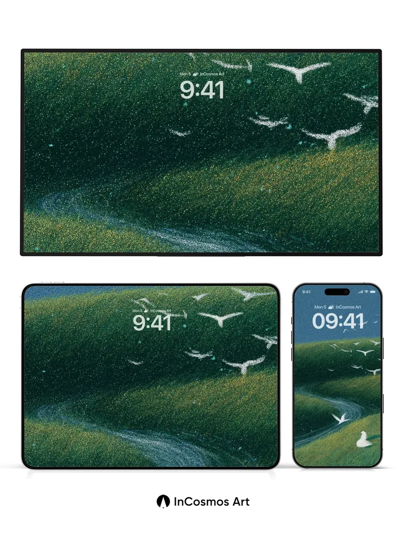 Whispering Meadow Wallpaper with Floating Birds