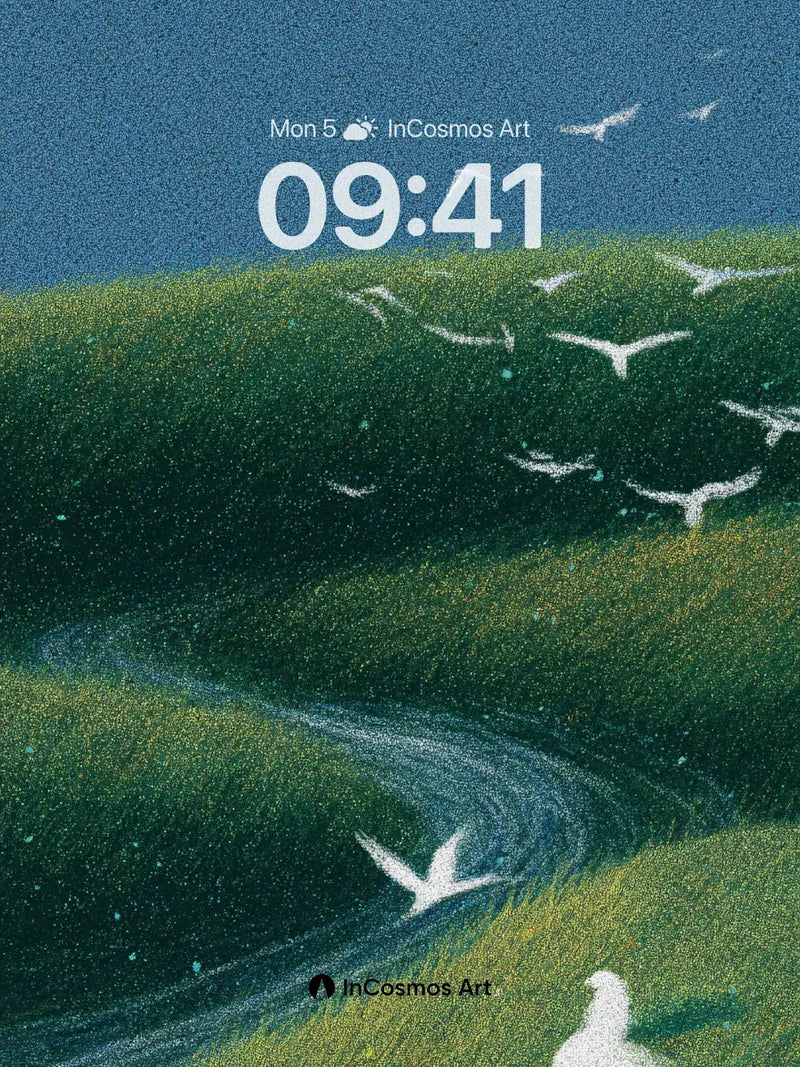 Whispering Meadow Wallpaper with Floating Birds wallpaper for iPhone, iPad & Mac