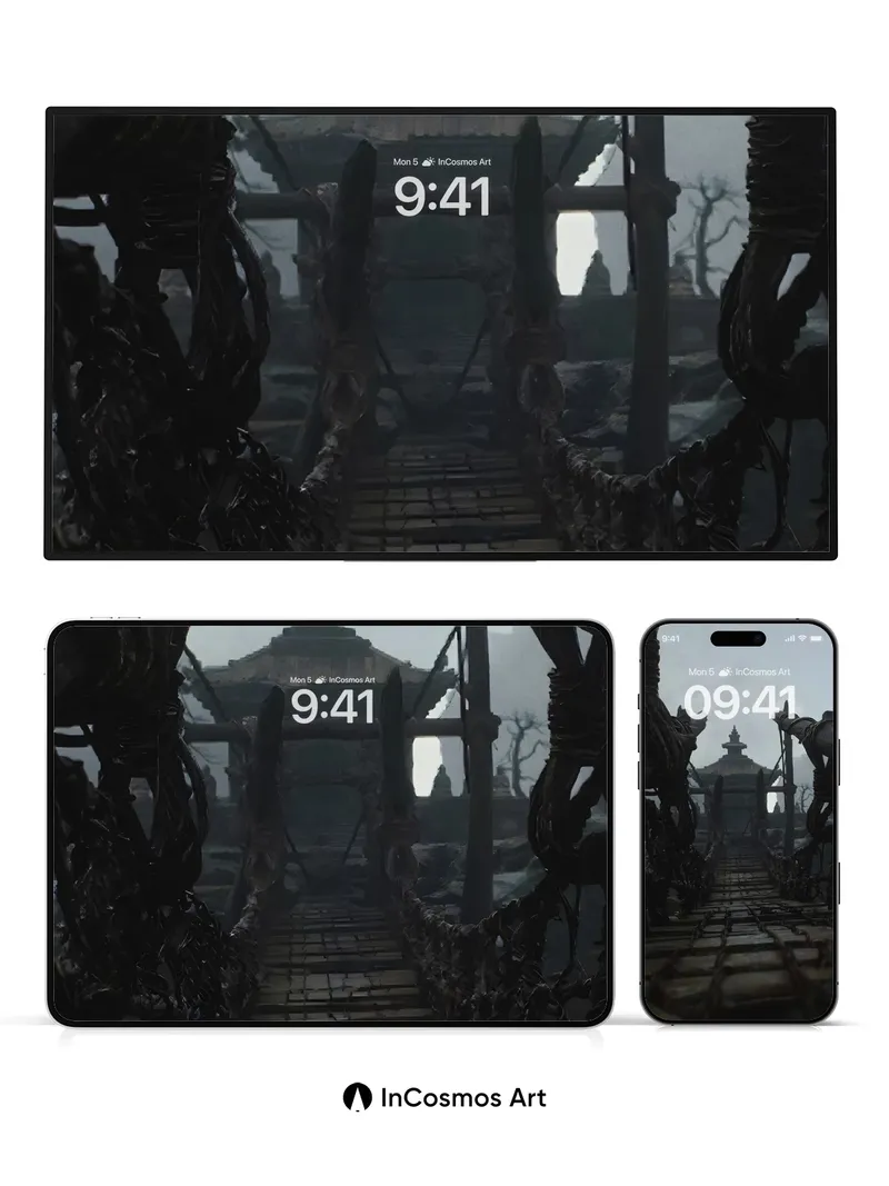 Shadowed Pathway Wallpaper with Forgotten Temple