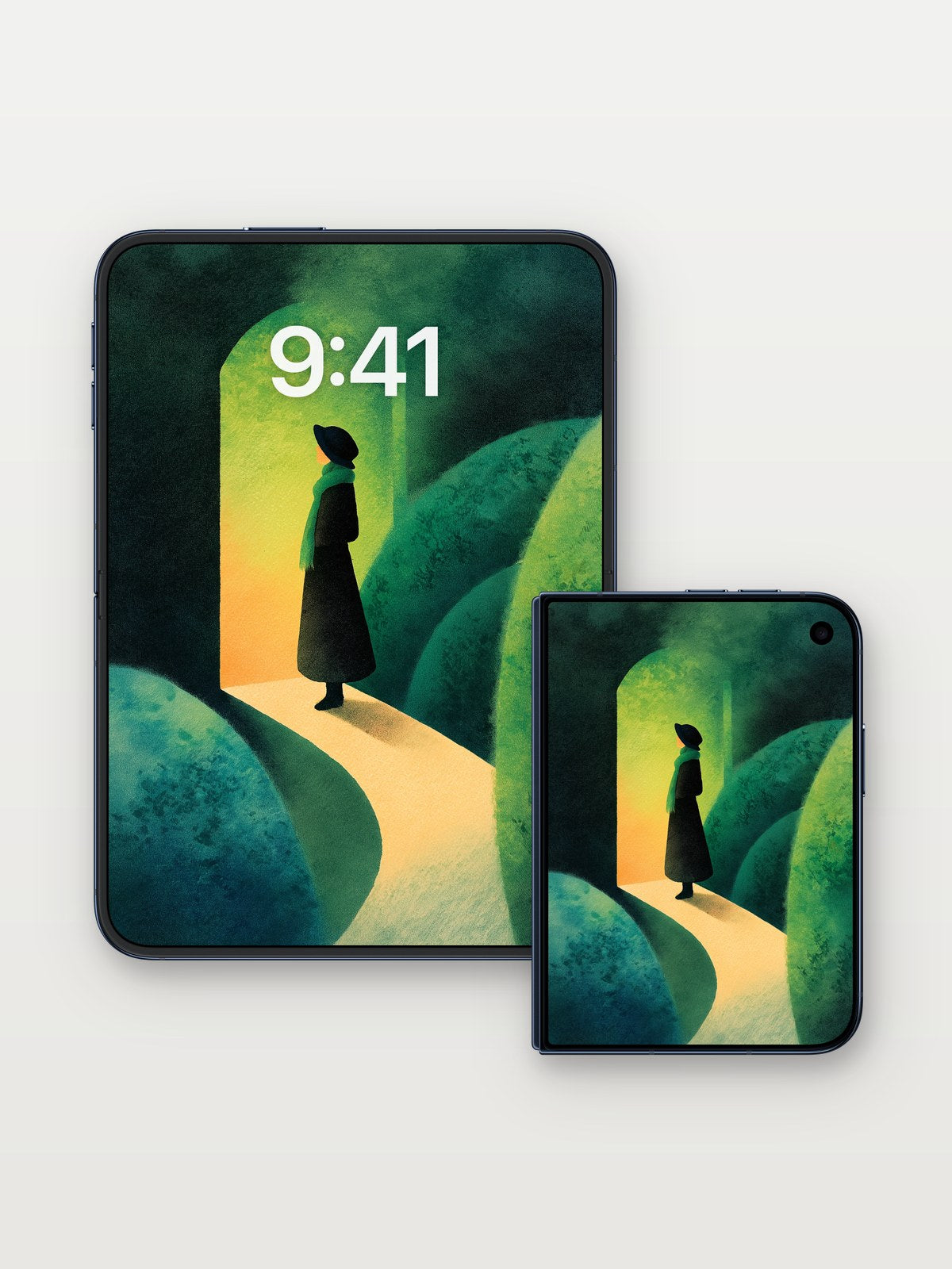 Emerald Solitude Wallpaper with Gradient Haze on iPhone Duo, open and closed
