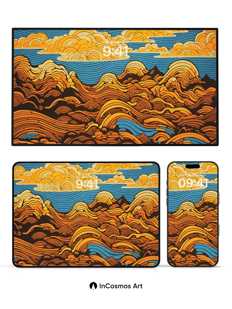 Golden Surge Wallpaper with Hokusai Waves