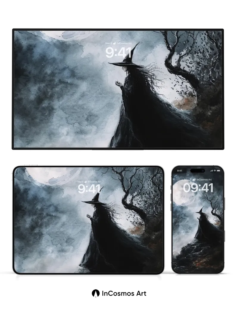 Moonlit Witch Wallpaper with Haunting Silhouette