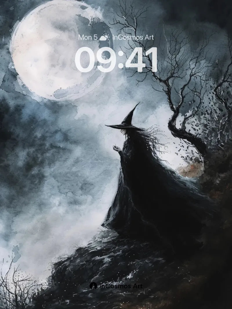 Moonlit Witch Wallpaper with Haunting Silhouette