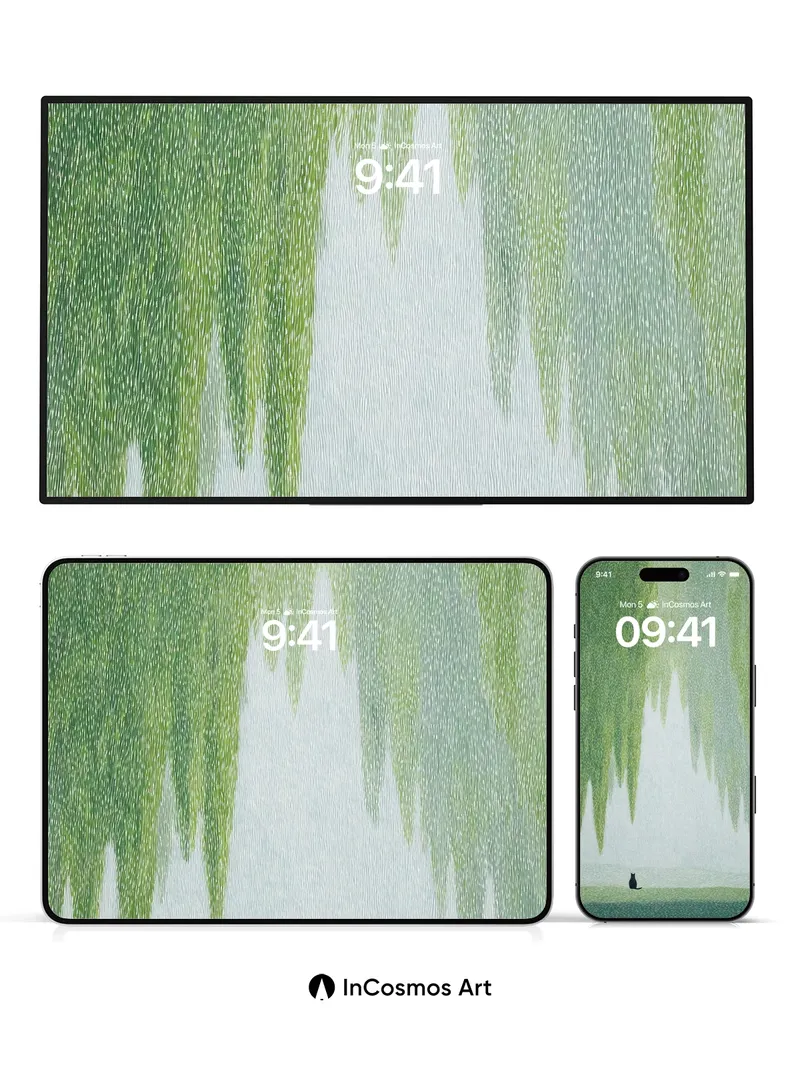 Serene Willow Hush Wallpaper with Silent Cat