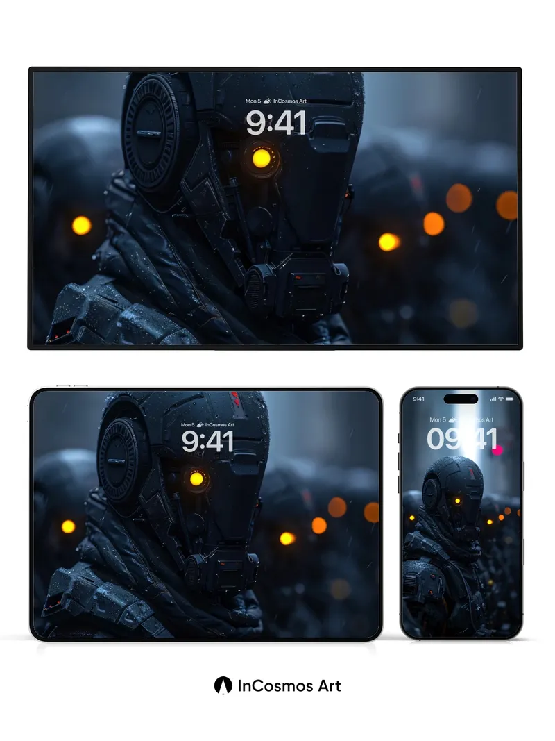 Neon Sentinel Wallpaper with Rain-etched Armor