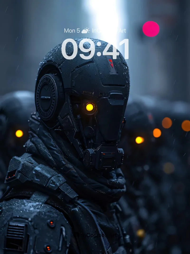 Neon Sentinel Wallpaper with Rain-etched Armor