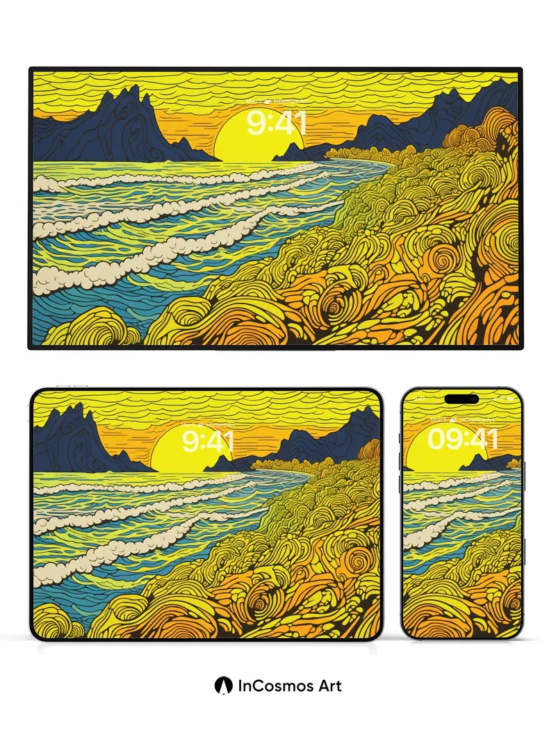Golden Hush Wallpaper with Van Gogh Waves