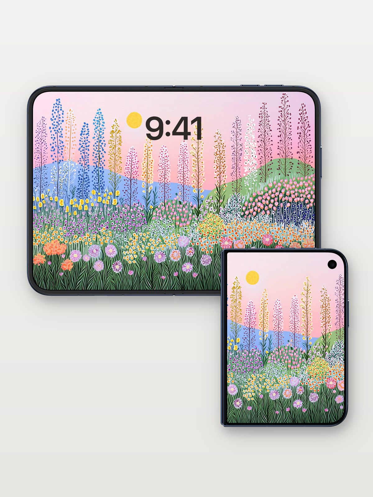Pastel Reverie Wallpaper with Floating Light on iPhone Duo, open and closed