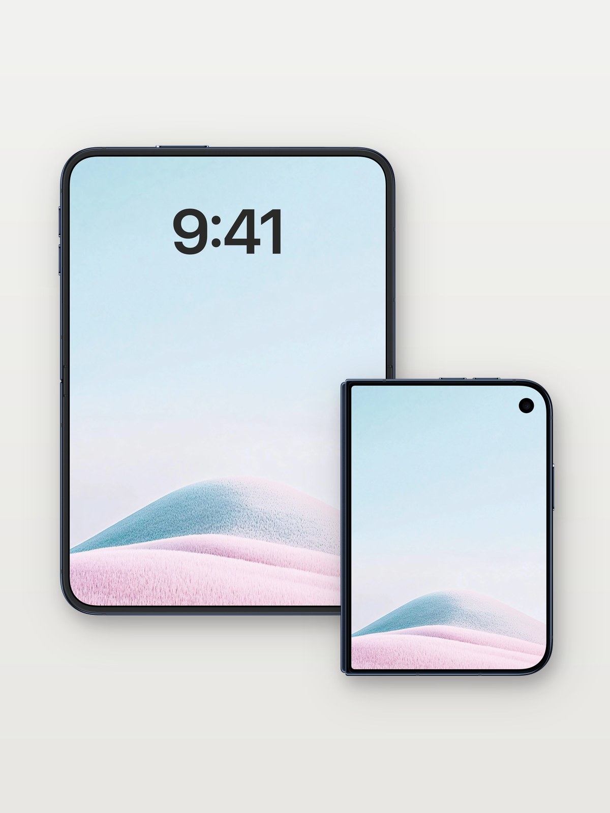 Serenity Dune Wallpaper with Soft Gradient Hues on iPhone Duo, open and closed